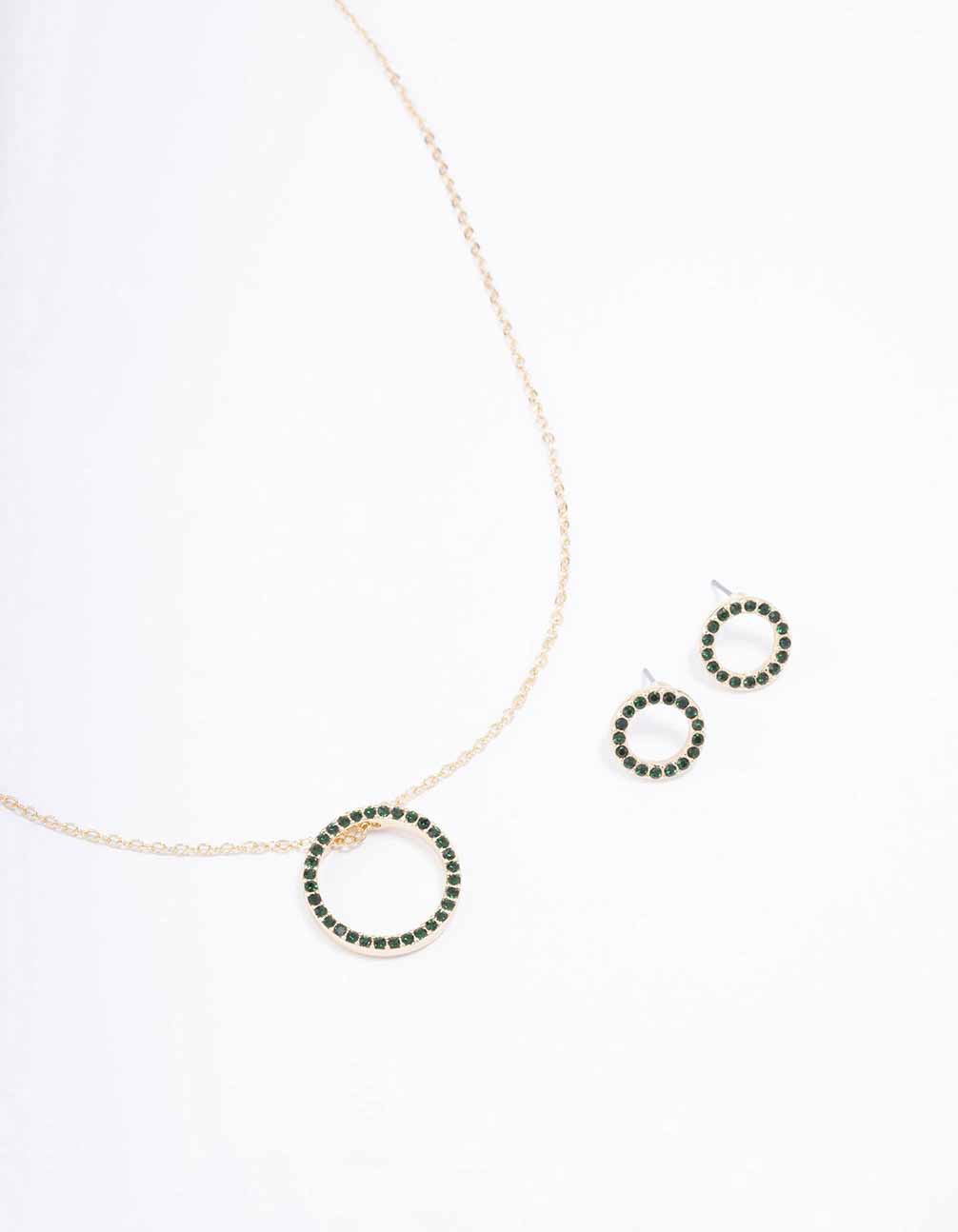 Gold Diamante Open Circle Necklace & Stud Earring Set