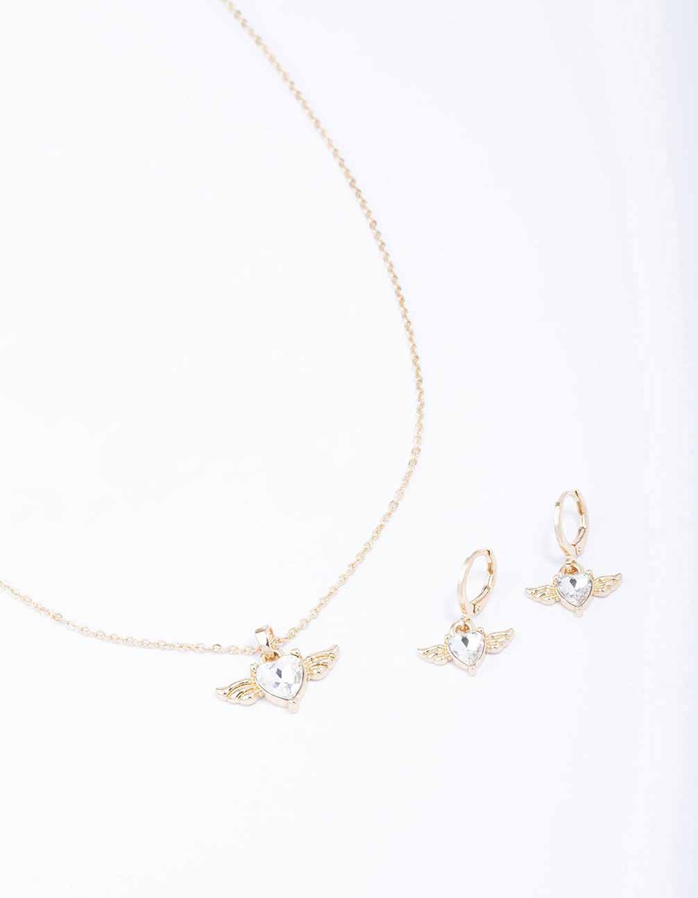 Gold Heart Wing Necklace & Huggie Earring Set