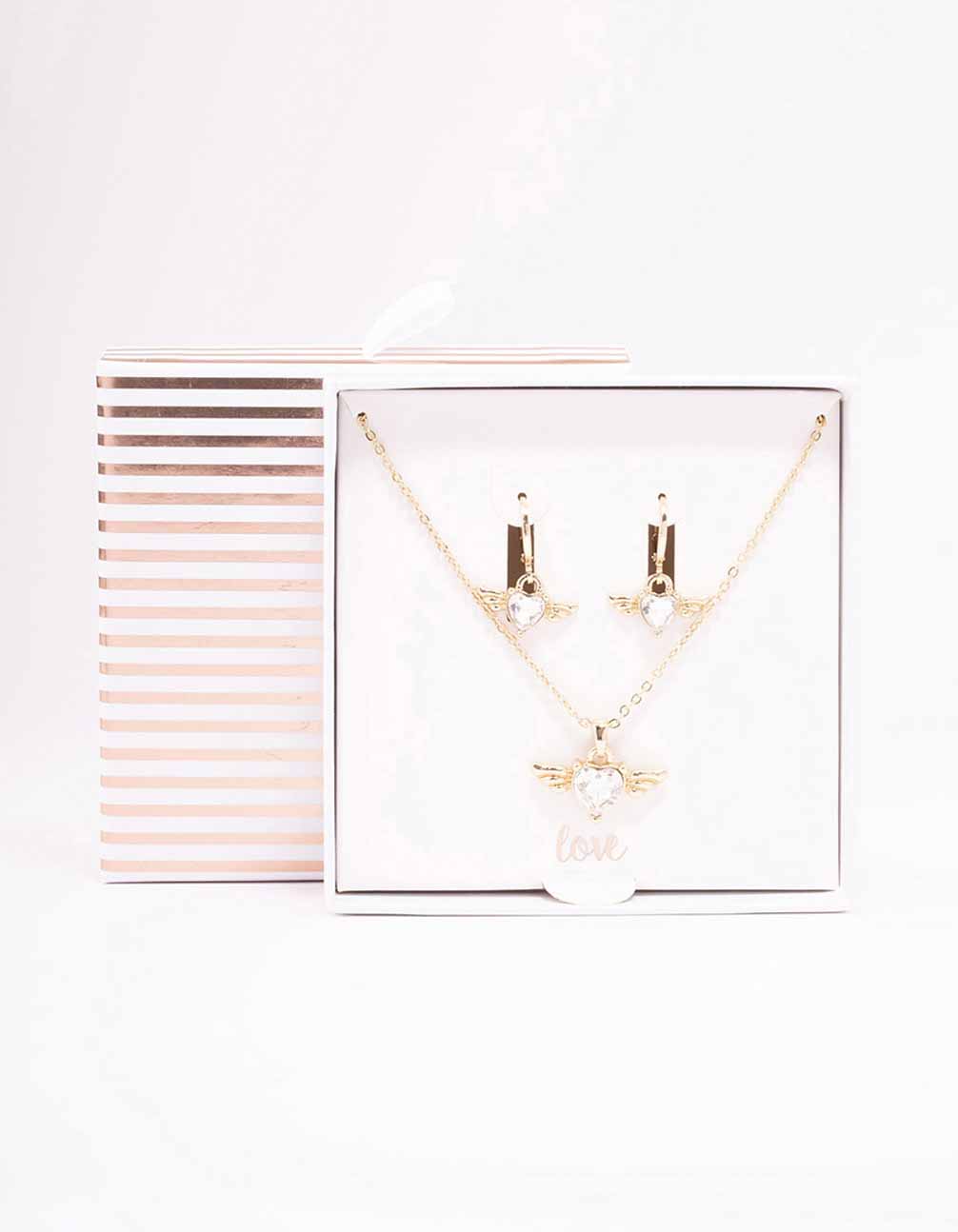 Gold Heart Wing Necklace & Huggie Earring Set
