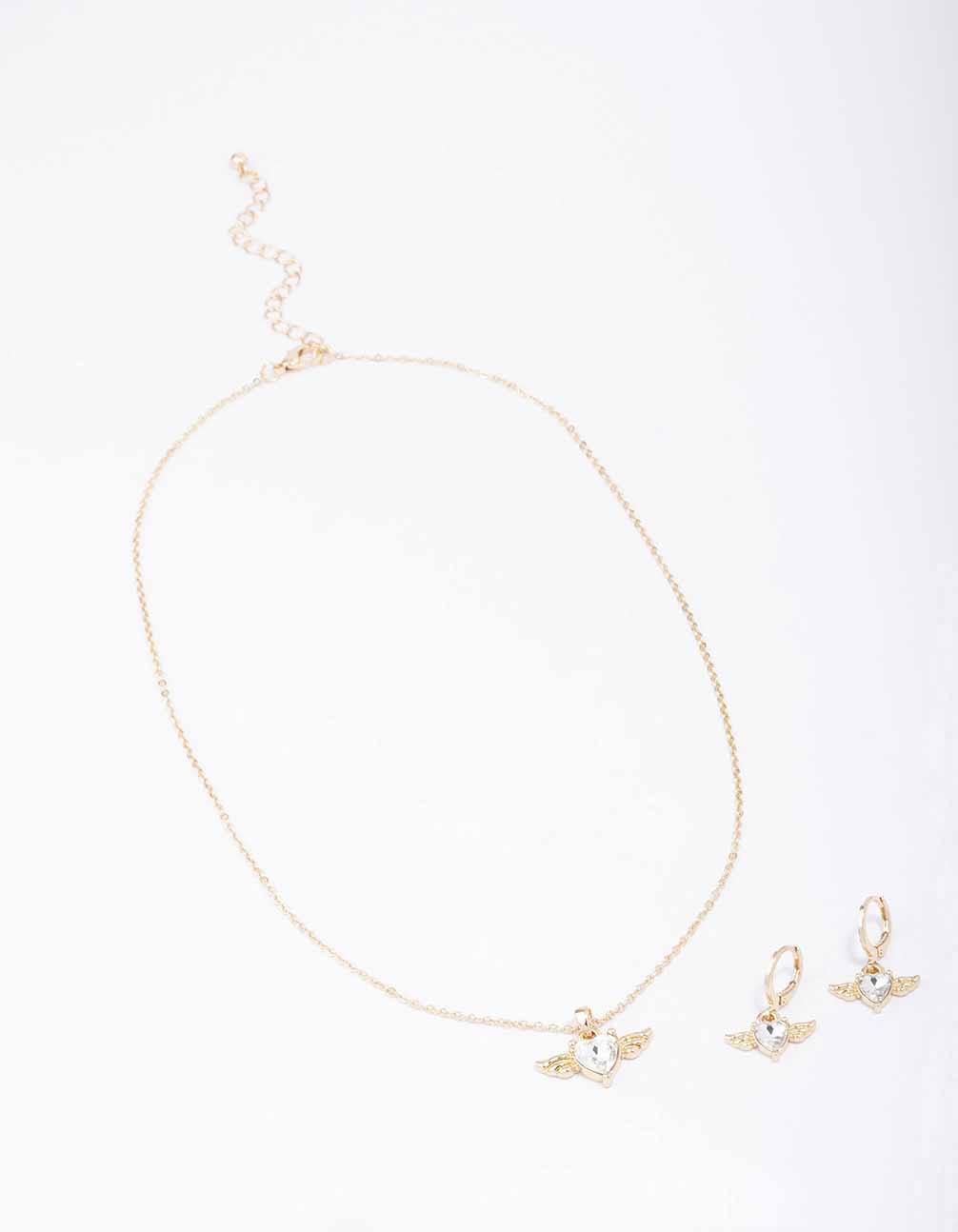 Gold Heart Wing Necklace & Huggie Earring Set