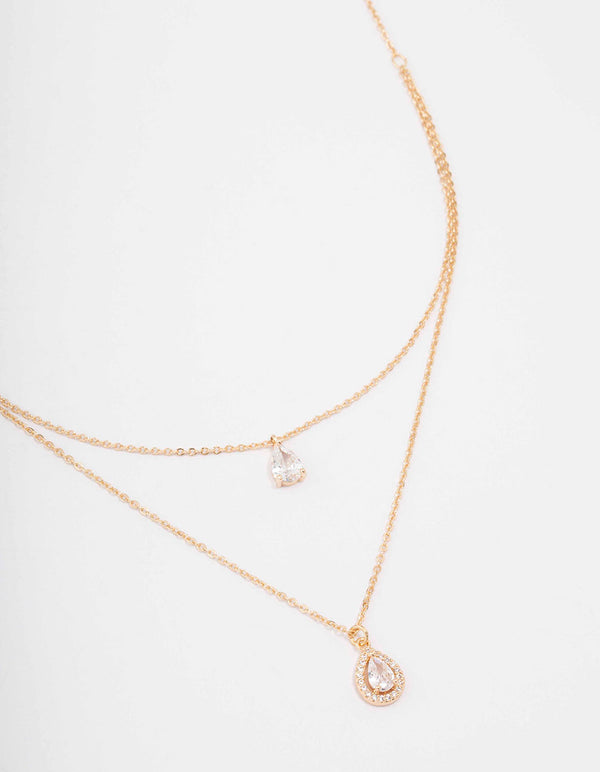 Gold Pear Halo Layered Necklace
