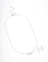 Silver Dainty Sparkle Flower Necklace & Earring Set - link has visual effect only