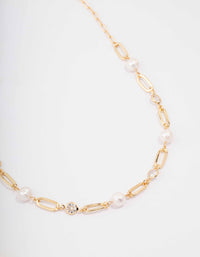 Gold Plated Alternating Cubic Zirconia & Pearl Link Short Necklace - link has visual effect only