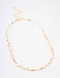 Gold Plated Alternating Cubic Zirconia & Pearl Link Short Necklace - link has visual effect only