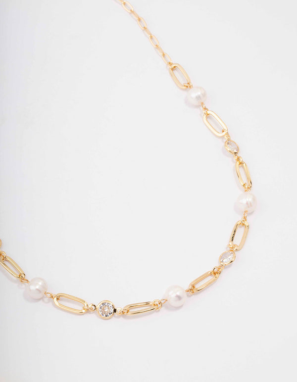 Gold Plated Alternating Cubic Zirconia & Pearl Link Short Necklace