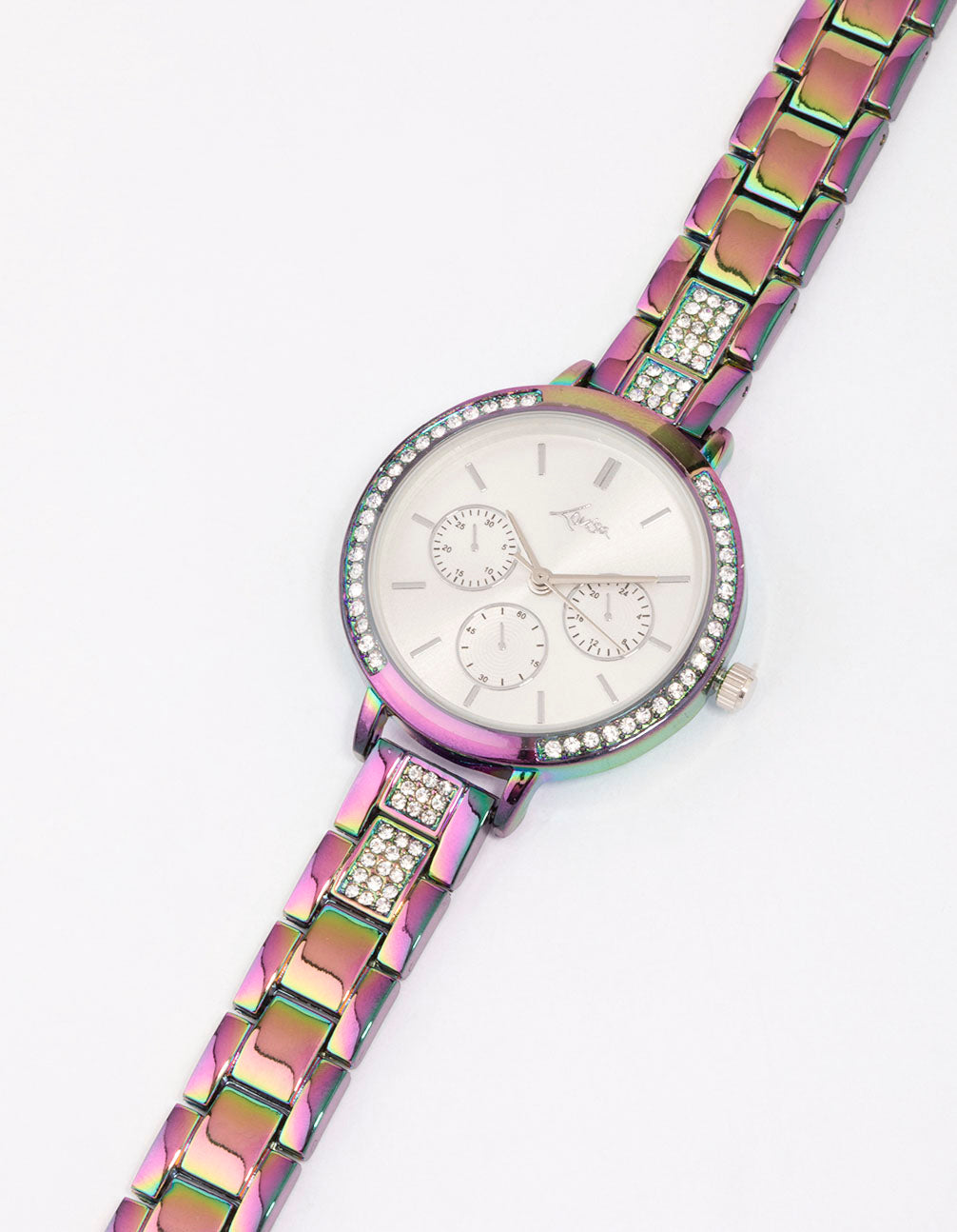 Experience the allure of a holographic diamante link watch featuring white stone dial, round shape, women's chronograph with multi-color band, chunky style for casual occasions watch face detail view