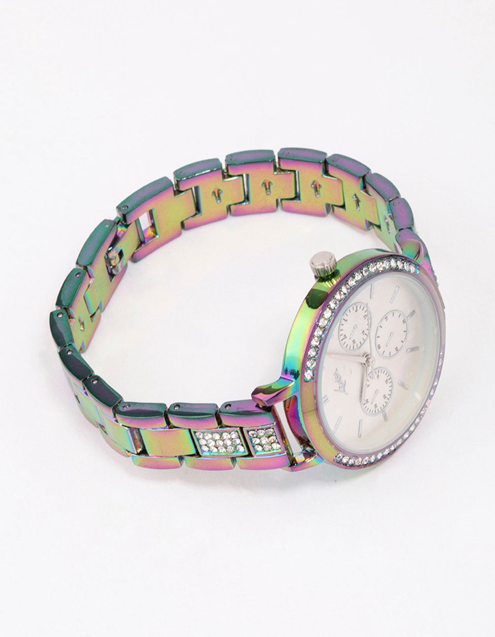 Discover a holographic diamante link watch with white stone dial, round shape, women's chronograph featuring multi-color band, chunky style for casual occasions front view
