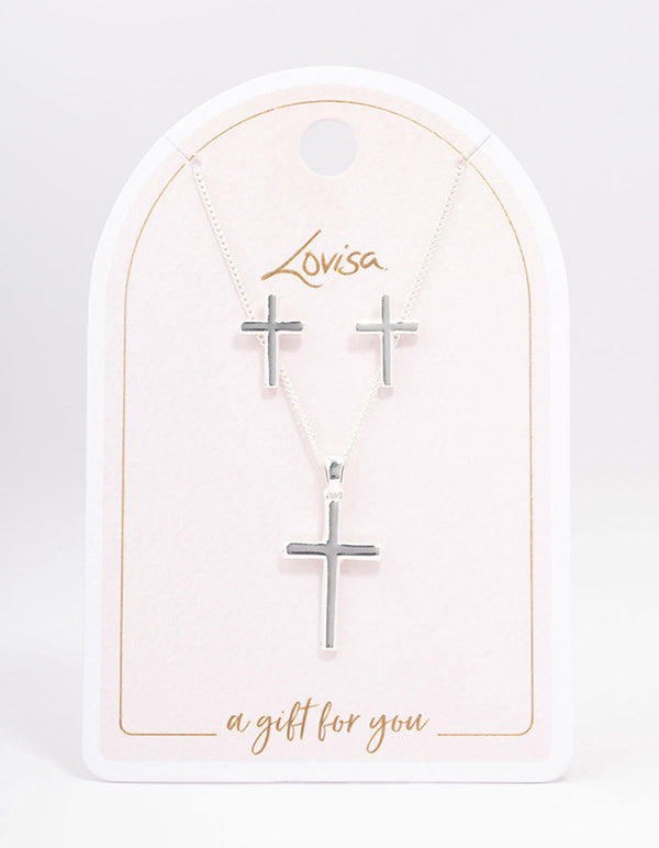 Silver Plain Cross Jewellery Set