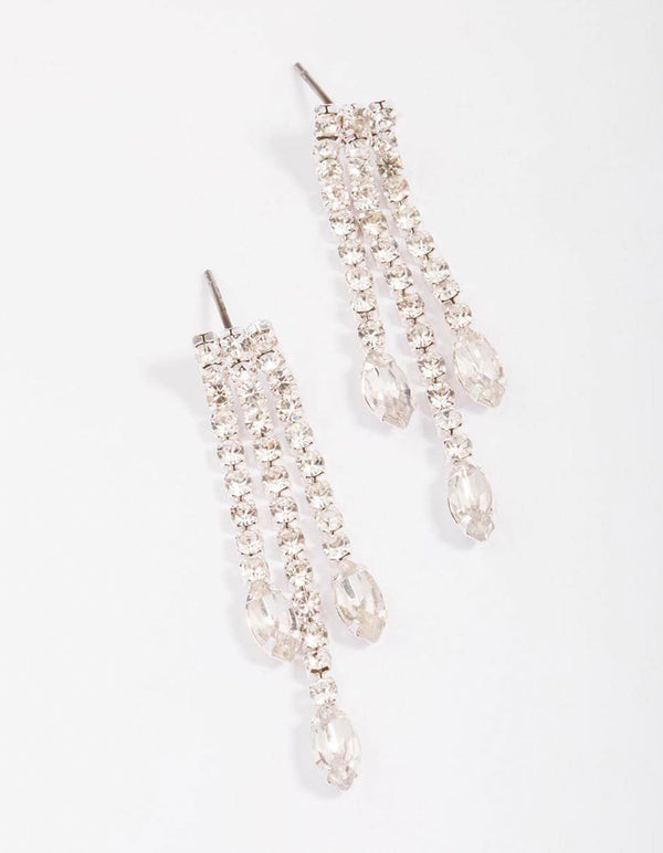 Silver Cup Chain Pear Diamante Drop Earrings