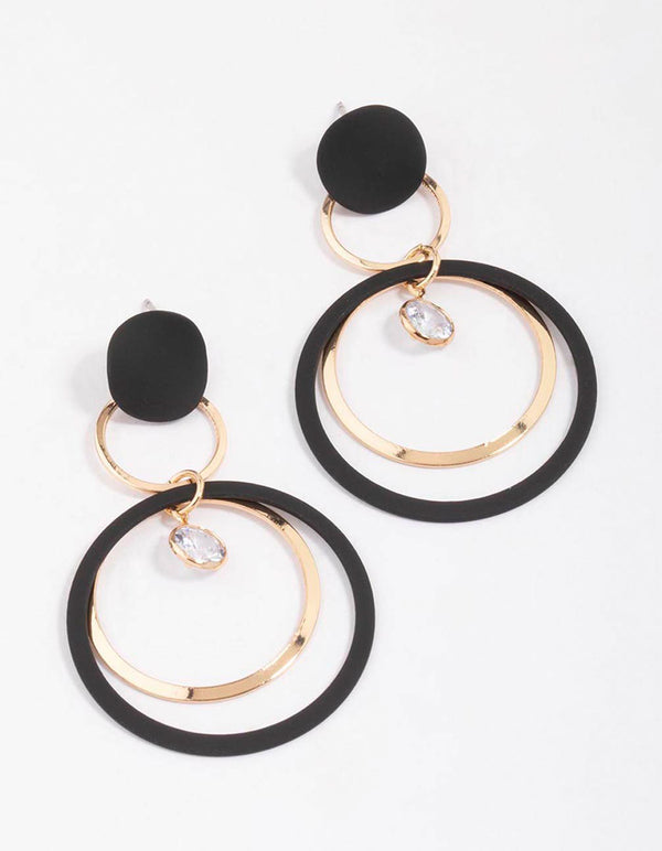 Black & Gold Fine Disc Diamante Drop Earrings