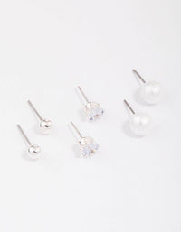 Silver Classic Pearl & Diamante Stud Earring 3-Pack - link has visual effect only