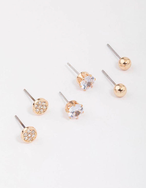 Gold Glitter Diamante Stud Earring 3-Pack