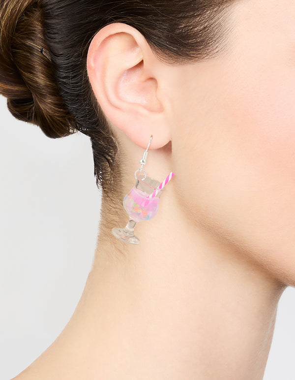 Silver Pink Cocktail Straw Drop Earrings