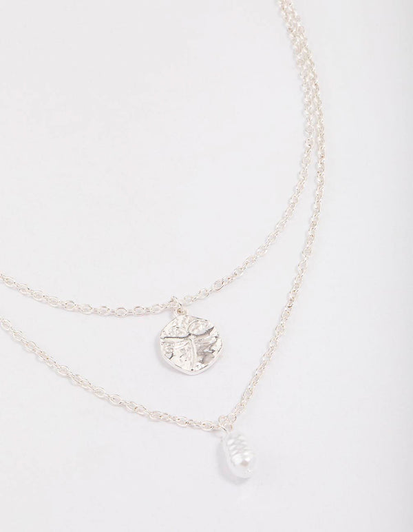 Silver Disc & Pearl Layered Necklace