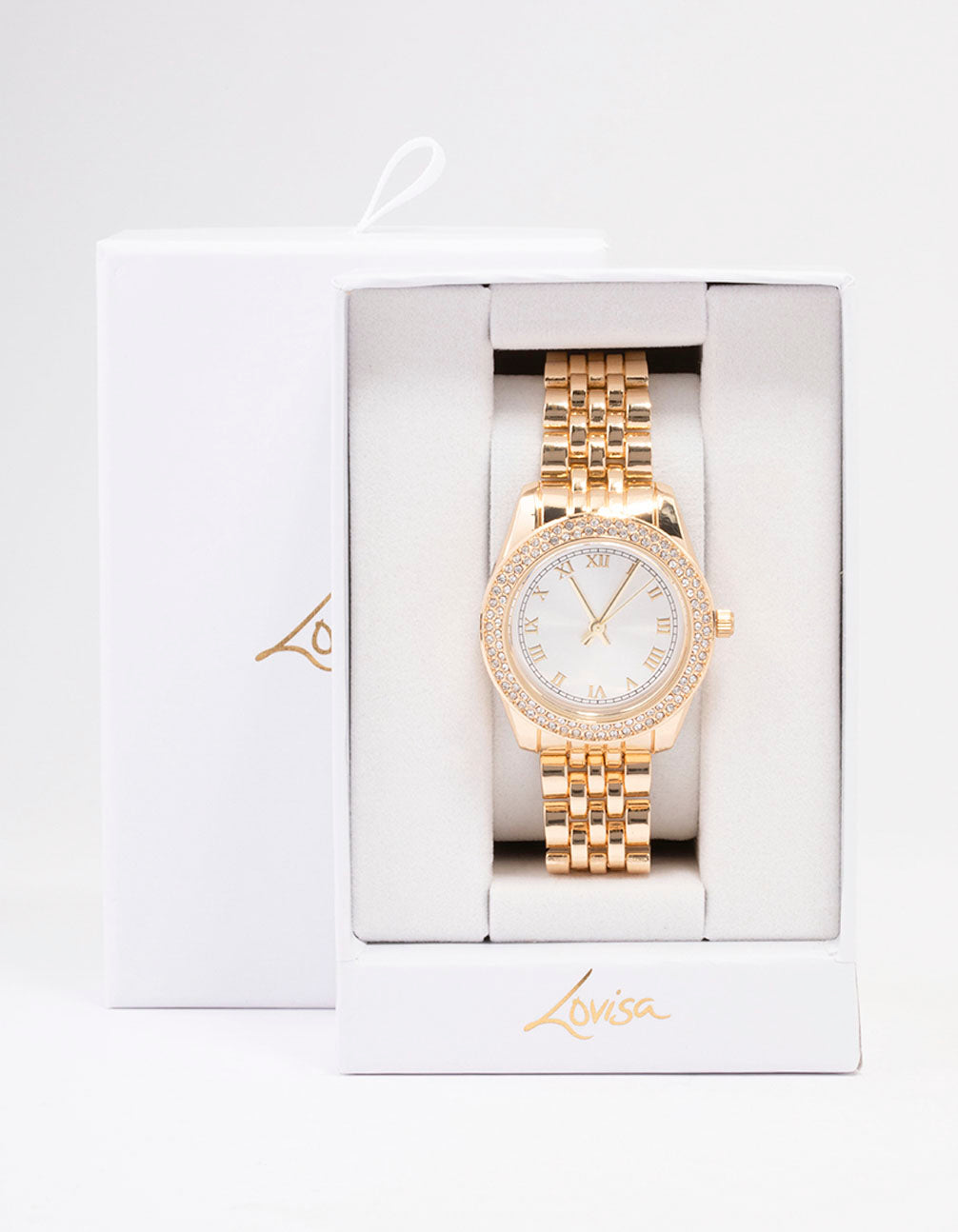 Presenting gold diamante encrusted watch with white dial featuring roman numerals, round shape, designed for women, formal occasions, analog type, and link band strap case detail view