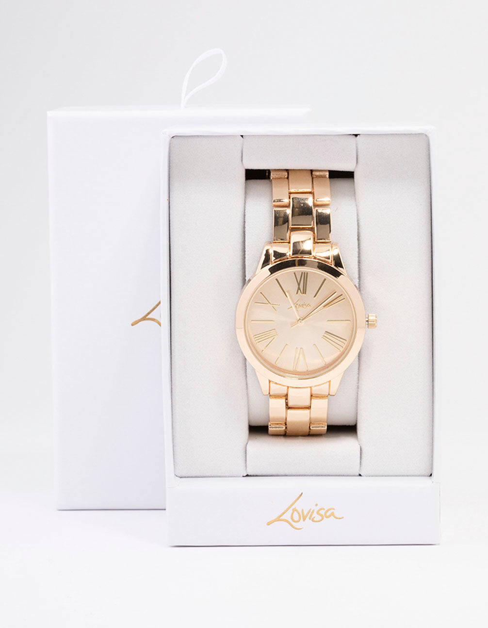 Beautifully crafted large Roman numeral watch with gold tone dial, round shape, formal occasion styling, analog type, link-band strap, and women's design in gold case detail view