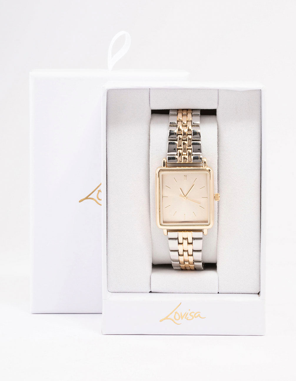 Presenting a gold and silver two-toned square watch with gold dial, formal occasion design, women's link band, multi-color strap, and analog type watch case detail view