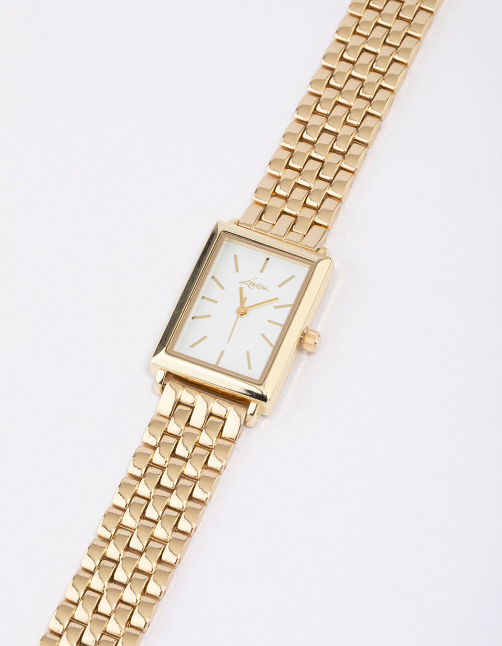 Featuring a rectangular woven watch with white dial, designed for women, formal occasion, analog type, link band strap in gold watch face detail view