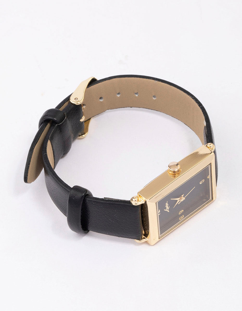 Elegant gold and black faux leather rectangular watch featuring numbers detailing, designed for women for formal occasions with analog display front view