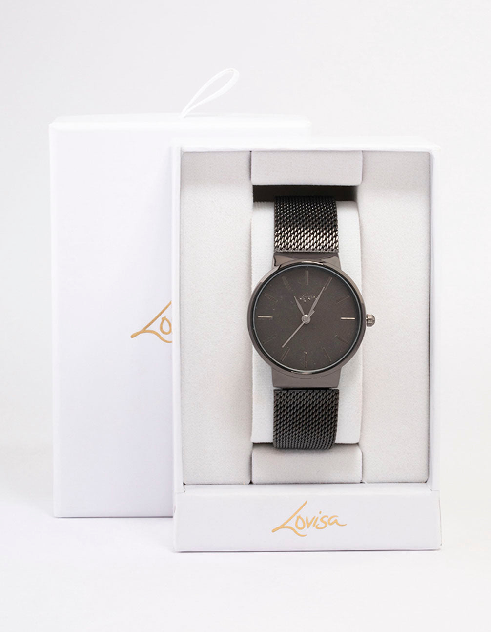Stylish women's black analog watch with round dial and mesh strap in casual design case detail view