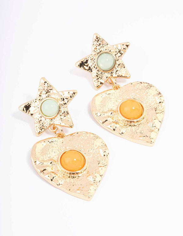 Gold Star & Heart Molten Drop Earrings