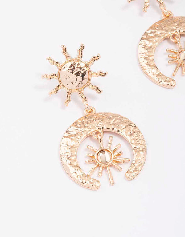 Gold Small Textured Celestial Drop Earrings