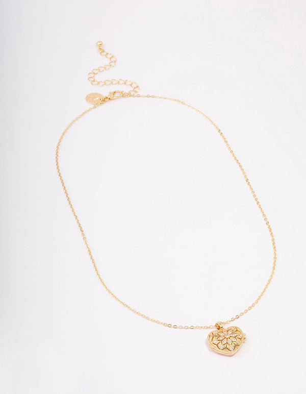 Gold Plated Elaborate Puffy Heart Locket Pendant Necklace