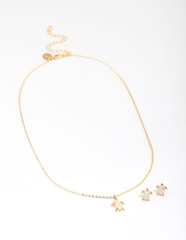 Gold Plated Turtle Semi-Precious Neckalce & Earring Jewellery Set