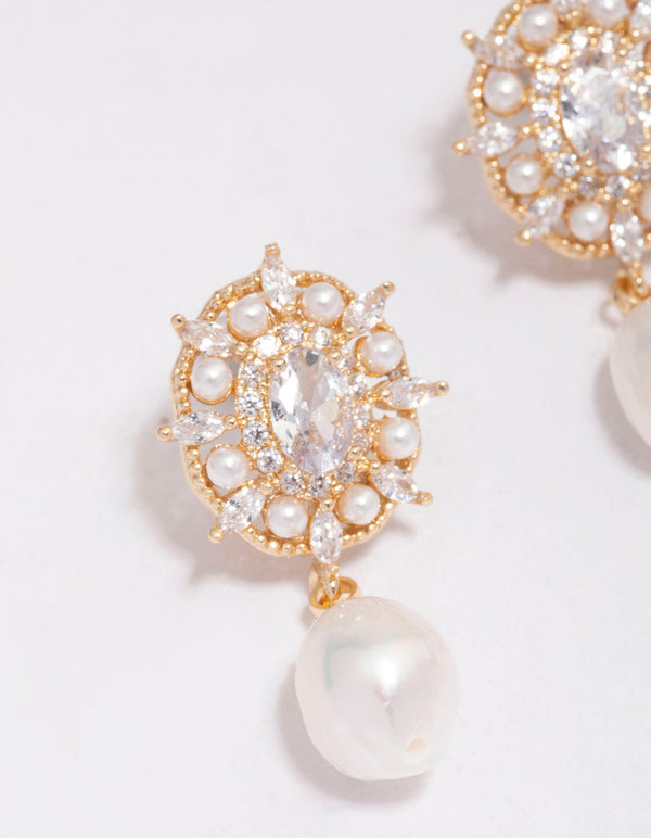 Gold Plated Freshwater Pearl Halo Drop Earrings
