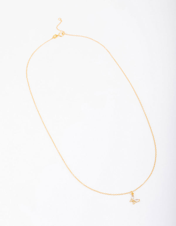 Gold Plated Sterling Silver Cubic Zirconia Butterfly & Angel Pendant Necklace