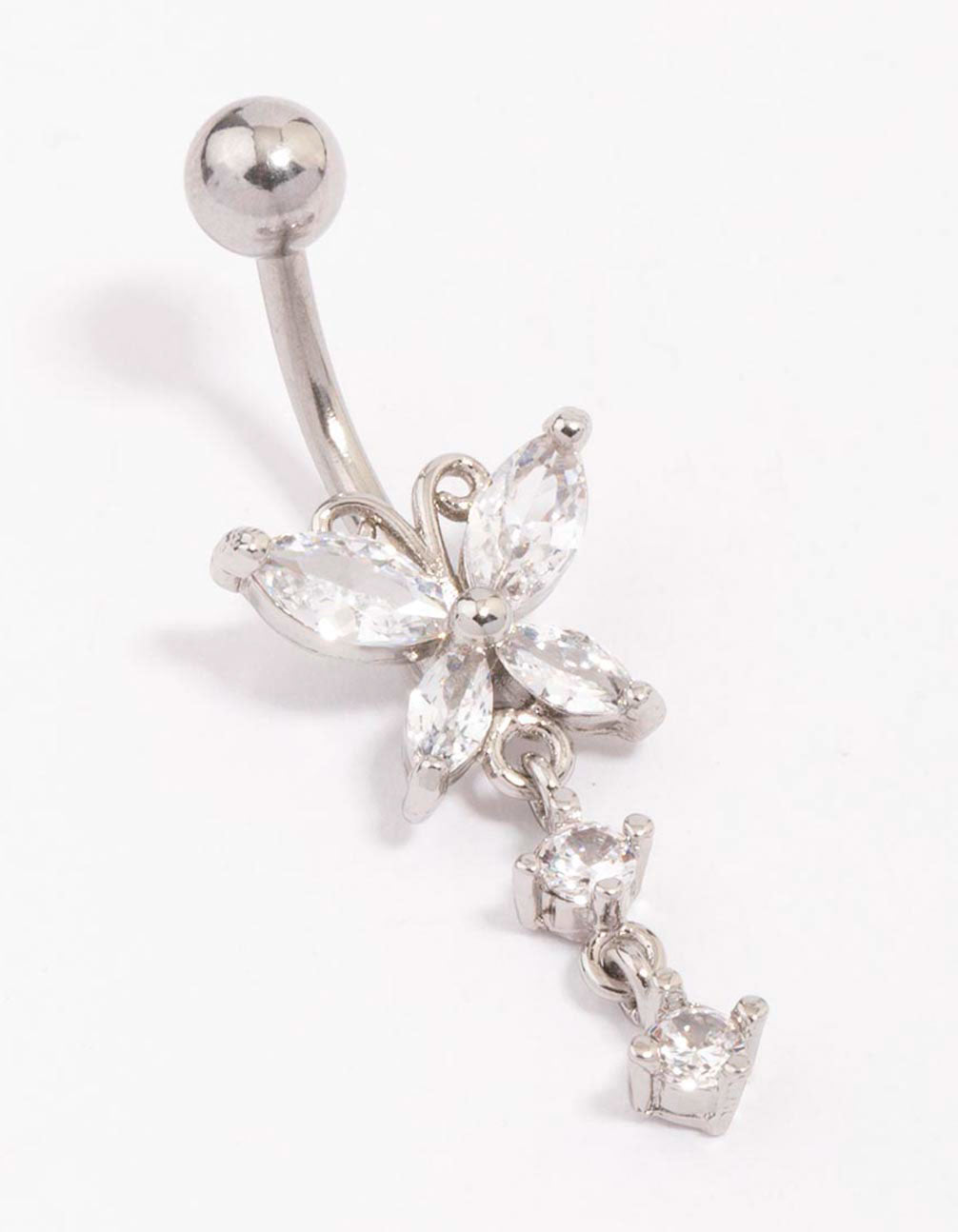 Piercing Barre De Ventre Double Papillon - Argent 925 Et Acier 316L, Pierre Cristal Zircon, Taille 14G/10mm
