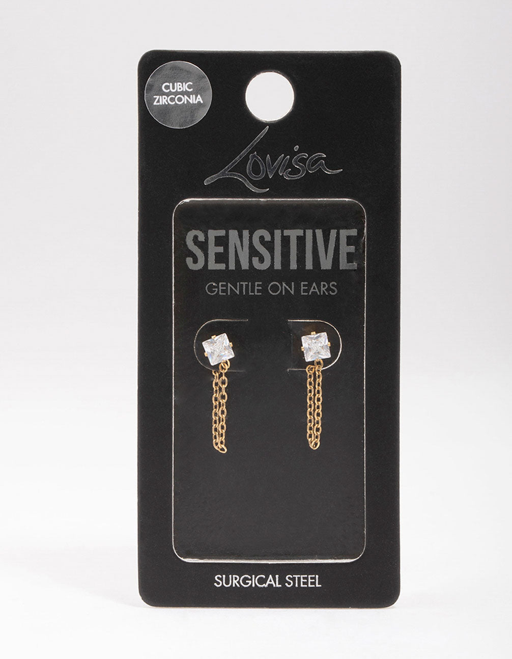Gold Plated Surgical Steel Square Cubic Zirconia Chain Drop Earrings