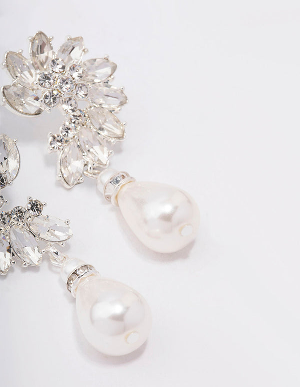 Silver Diamante & Pearl Drop Earrings