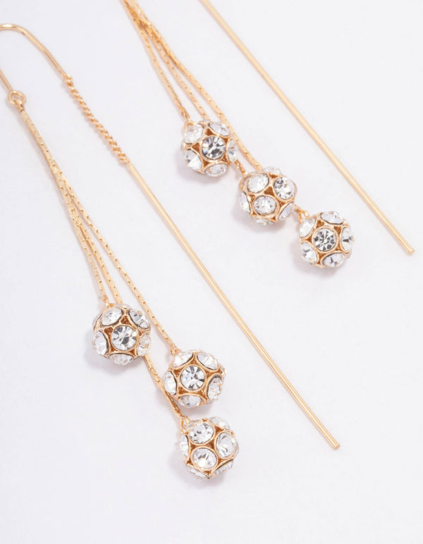 Gold Triple Ball Graduating Chain Drop Earrings