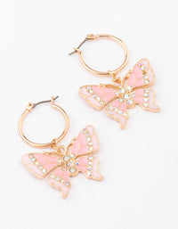 Gold Small Butterfly Pendant Drop Hoop Earrings - link has visual effect only