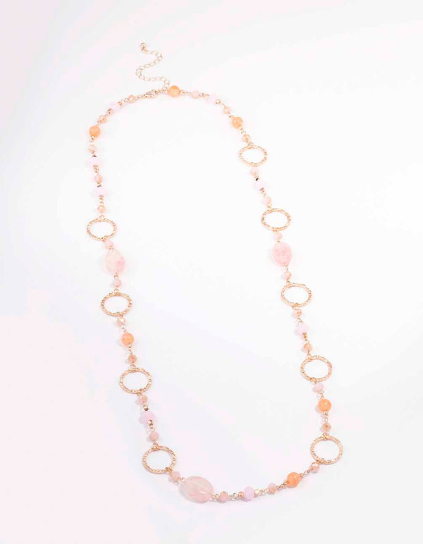 Rose Gold Long Pink Beaded Disc Necklace