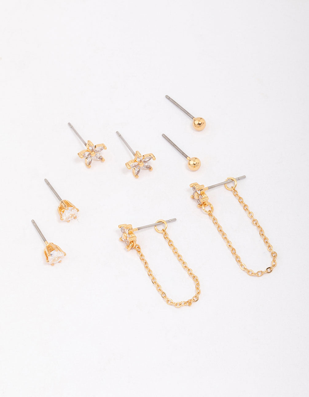 Gold Plated Brass Heart & Flower Chain Earring 4-Pack
