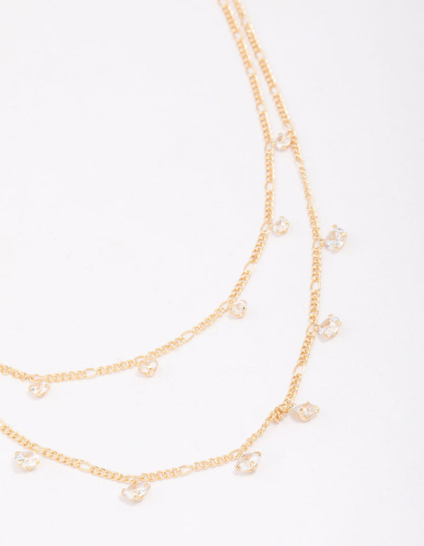 Gold Plated Double Cubic Zirconia Droplet Layered Necklace