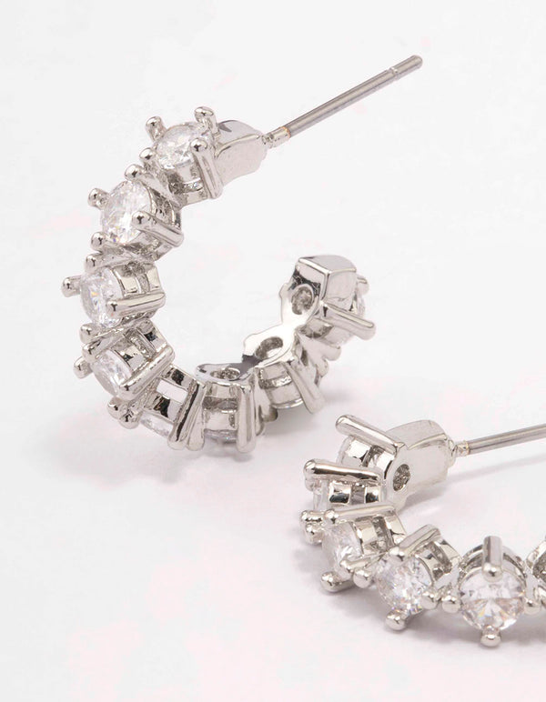 Silver Cubic Zirconia Simple Diamante C-Shaped Hoop Earrings