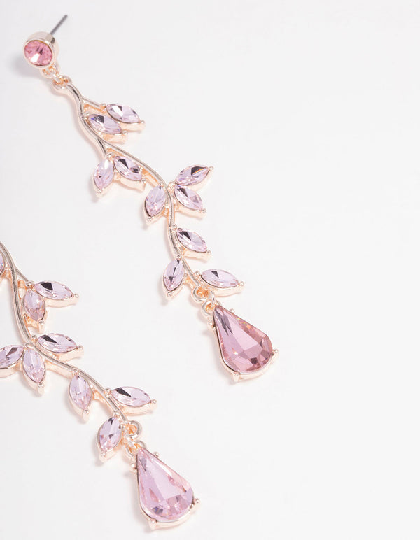Rose Gold Pink Diamante Leaf Drop Earrings