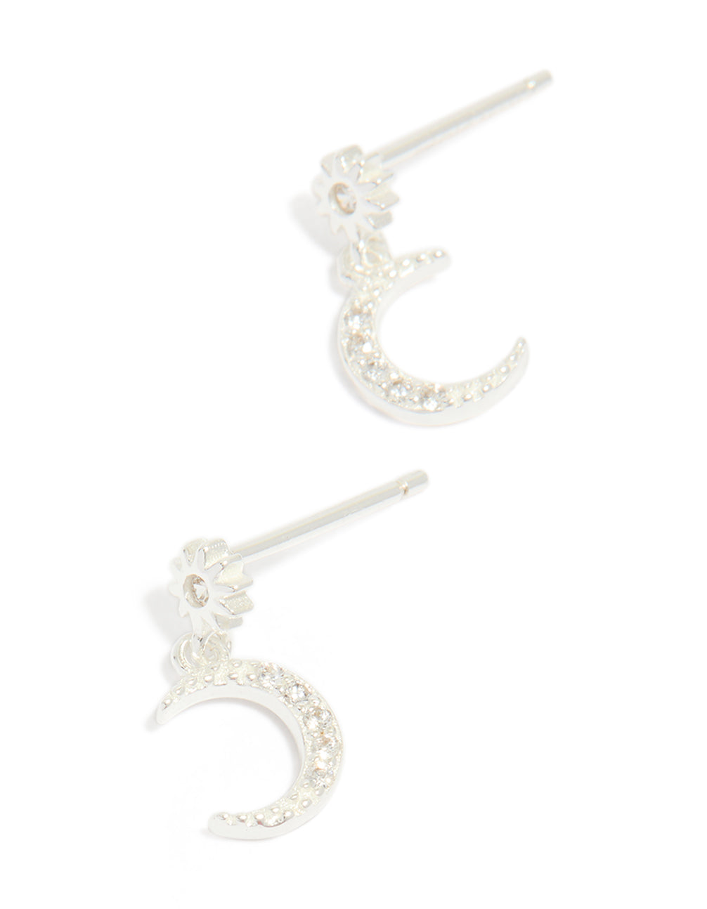 Beautifully crafted sterling silver cubic zirconia drop stud earrings featuring celestial moon design in dainty style front view