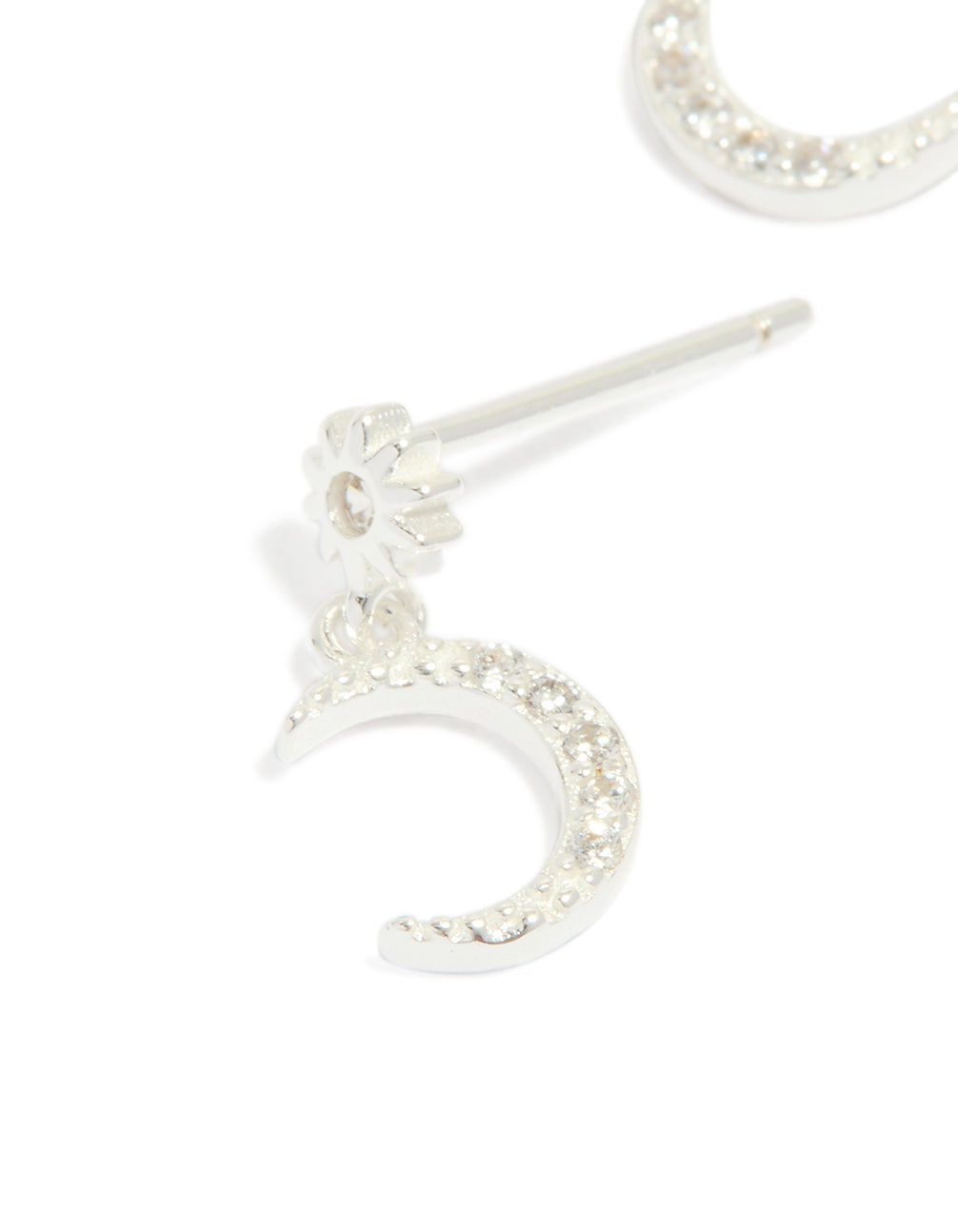 Presenting sterling silver cubic zirconia drop stud earrings with celestial moon design in dainty style close up view