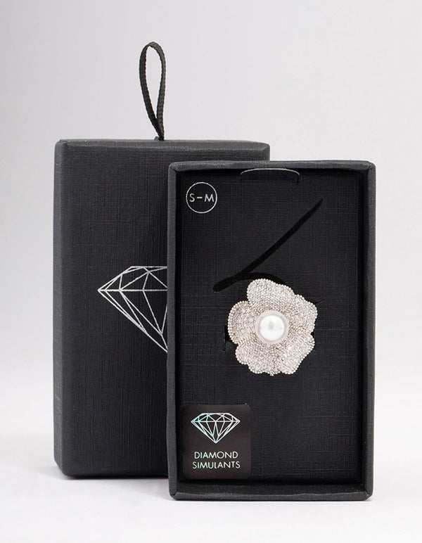 Silver Large Flower & Pearl Ring