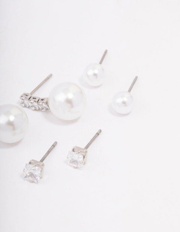 Silver Cubic Zirconia & Pearl Stud Earring 3-Pack
