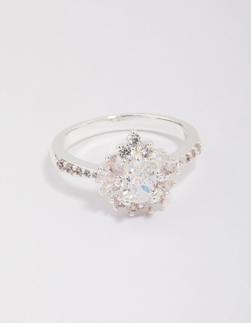 Discover the silver plated regal pear ring with stone cut craftsmanship close up view