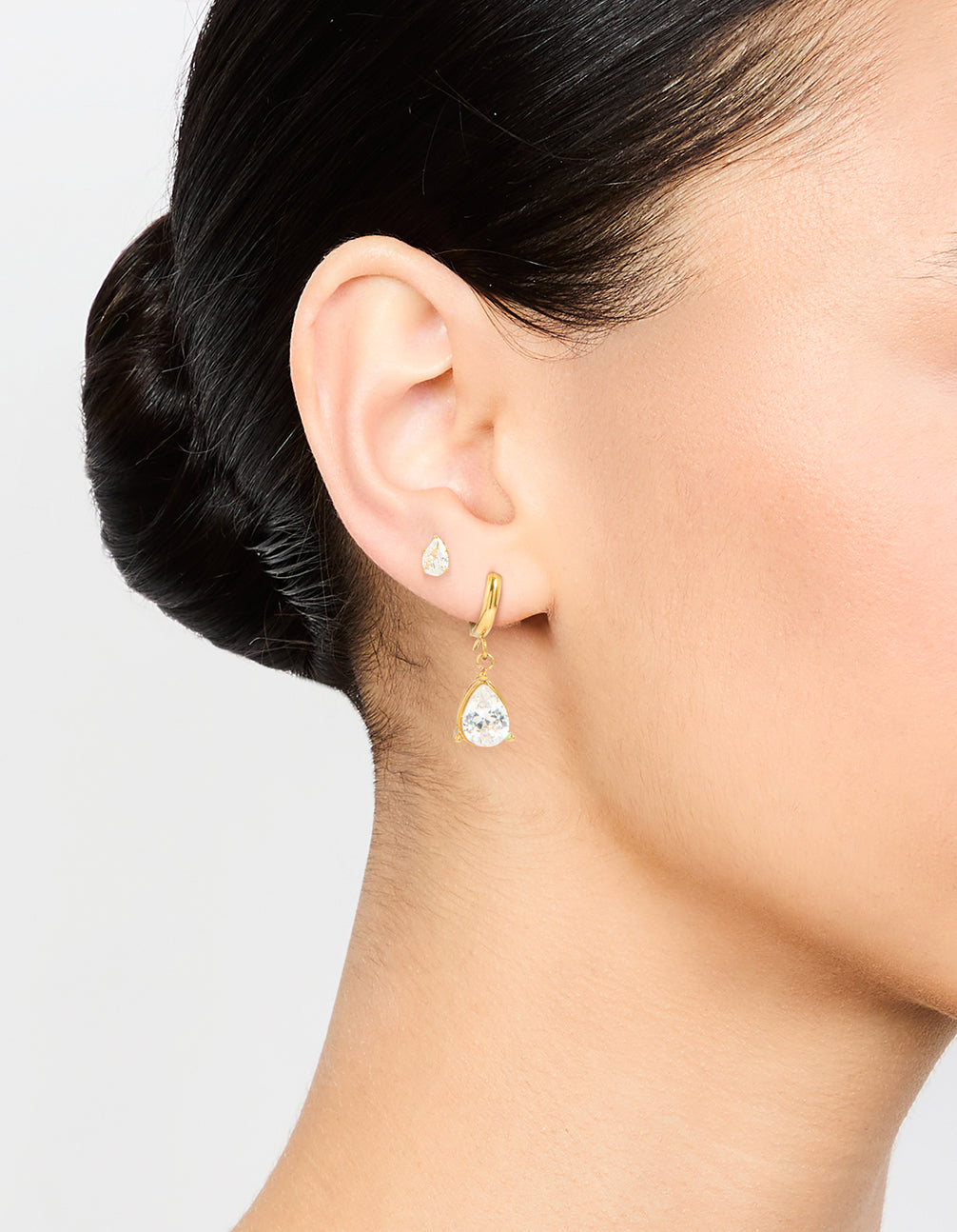 Waterproof Gold Plated Stainless Steel Pear Cut Cubic Zirconia Earrings 2-Pack