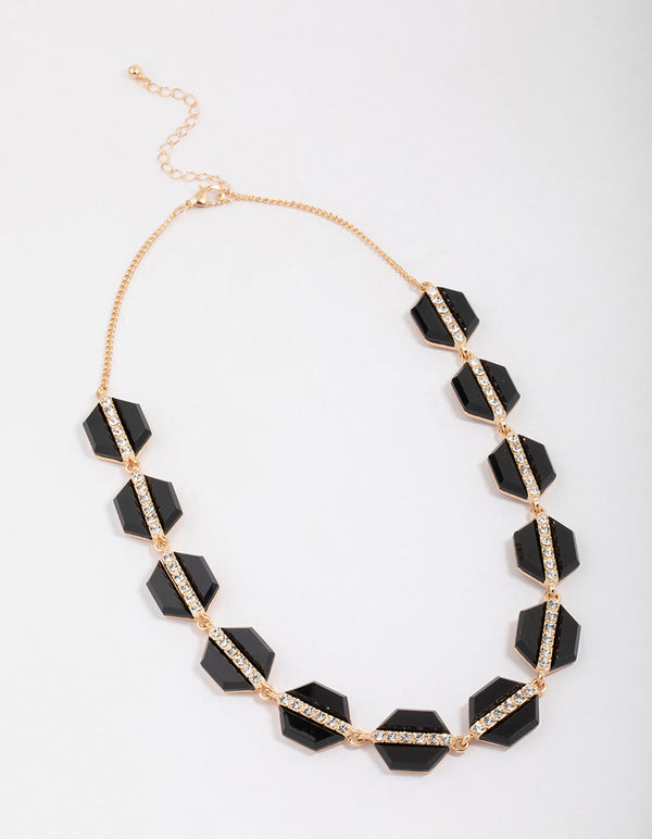 Gold Black Hexagon Diamante Necklace