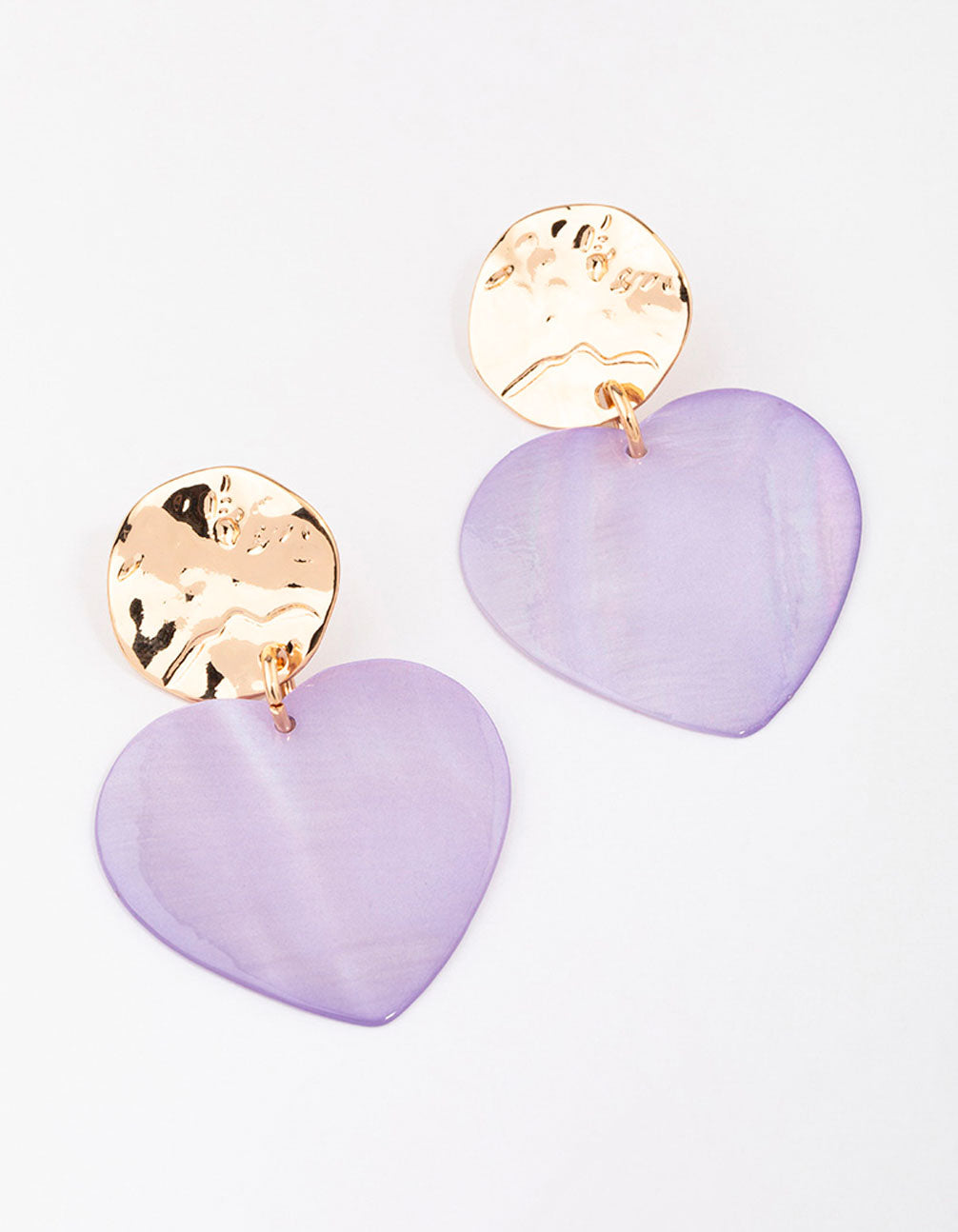 Gold & Lilac Genuine Shell  Iridescent Heart Drop Earrings