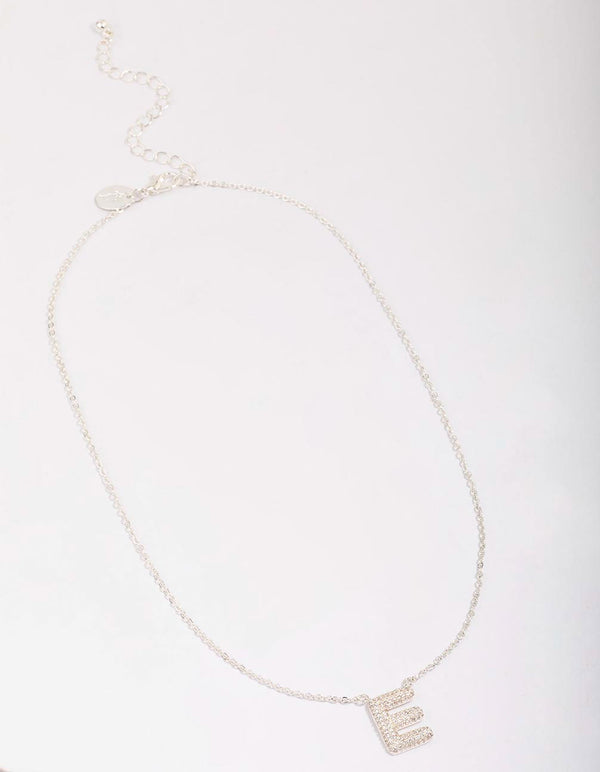 Letter E Silver Plated Pave Pendant Initial Necklace