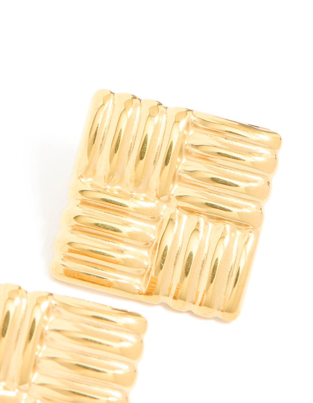 Detailed waterproof gold plated stainless steel square ribbed stud earrings with statement texture post detail view